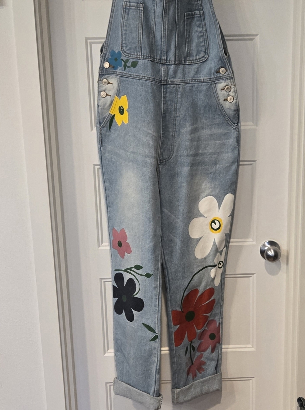 NWOT! MISSLOOK Denim Overalls with Multicolor Painted Floral Prints. Size L - Picture 2 of 7